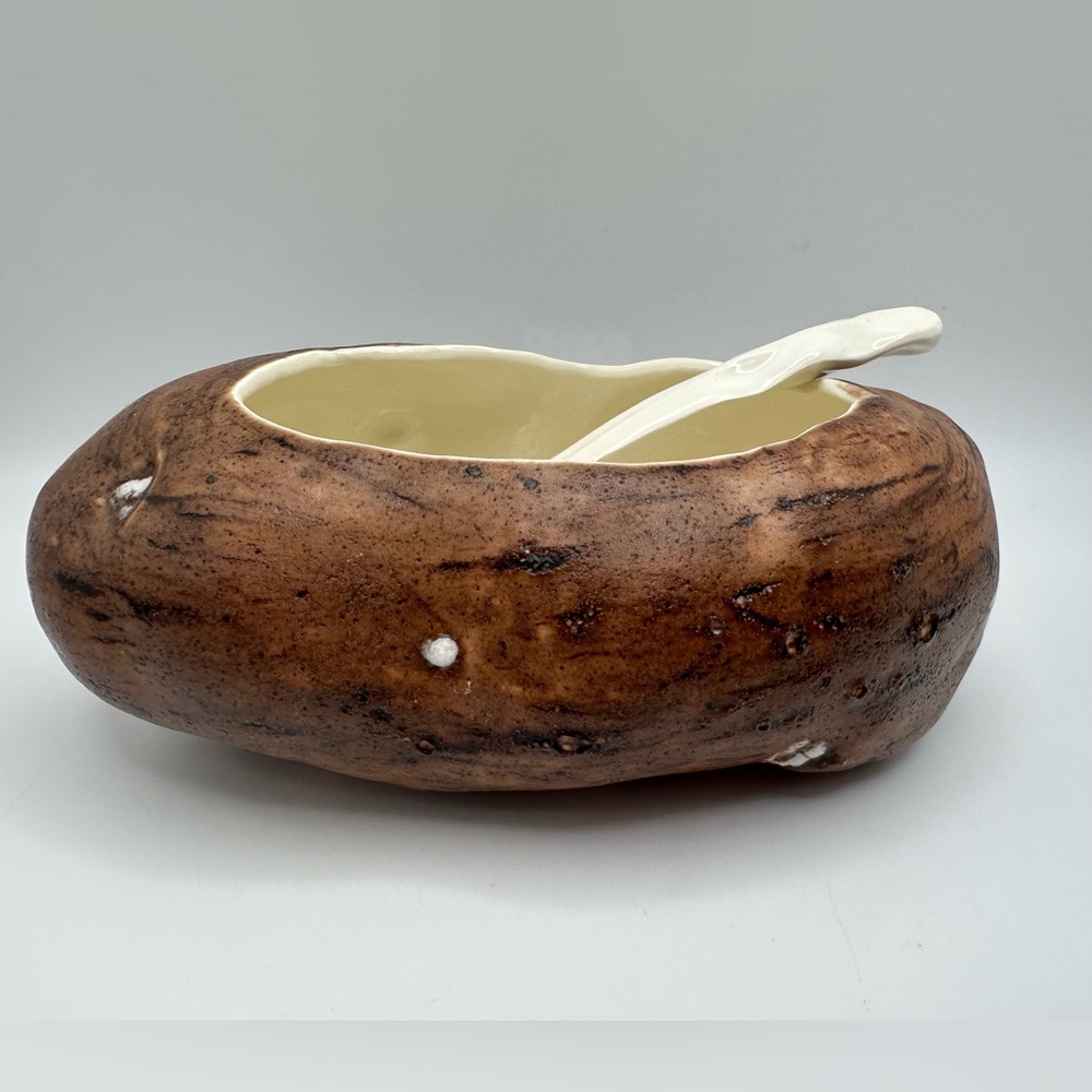Vintage Baked Potato Sour Cream Dish, Ceramic Potato Design with Spoon